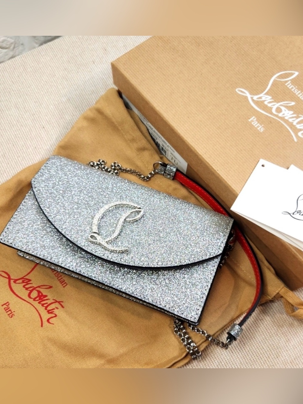 EUC Christian Louboutin Silver small Bag with Red Strap Retail $1750
